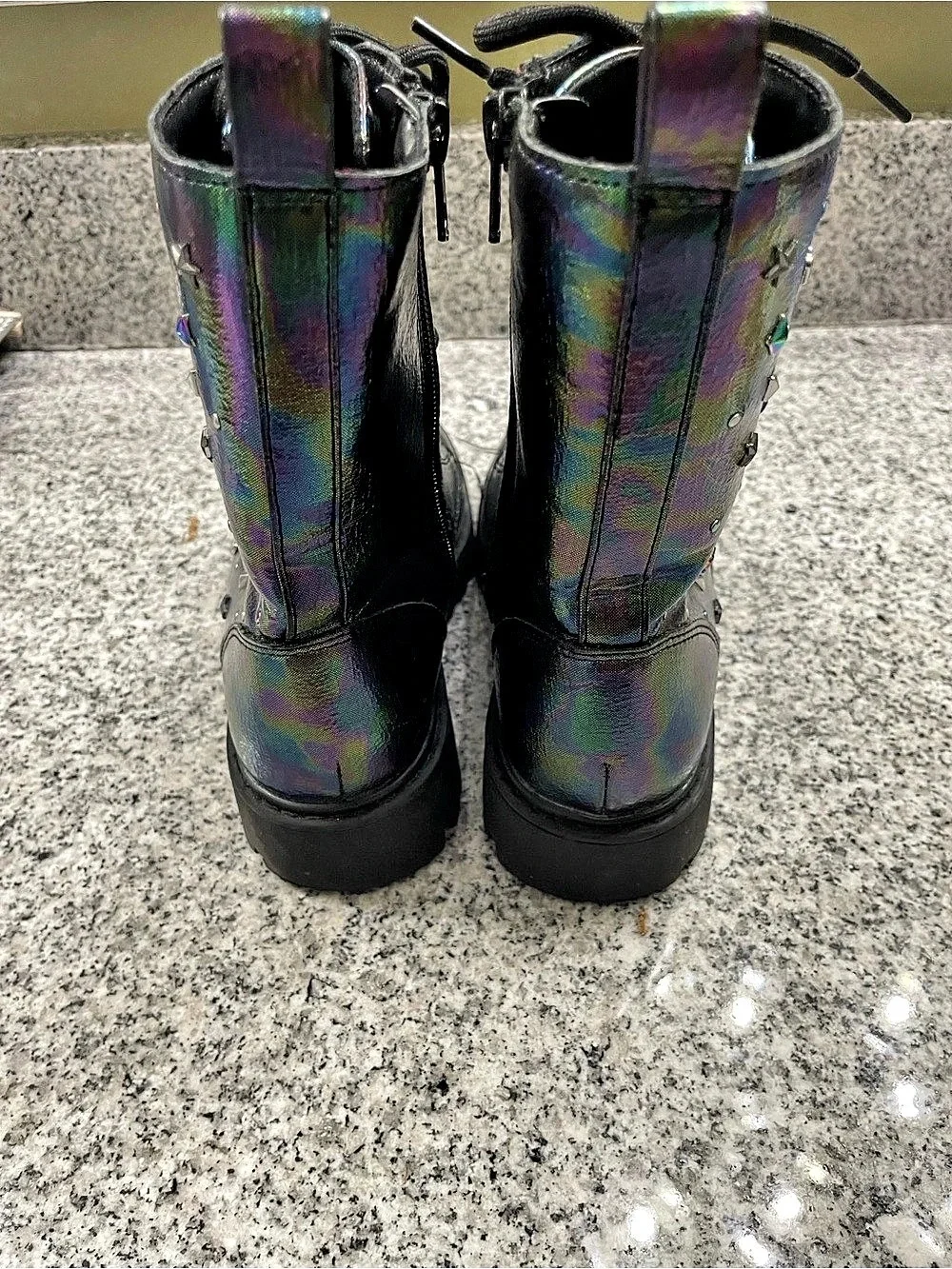 Girls Cat & Jack Iridescent Studded Combat Boots Black & Purple Size 2.